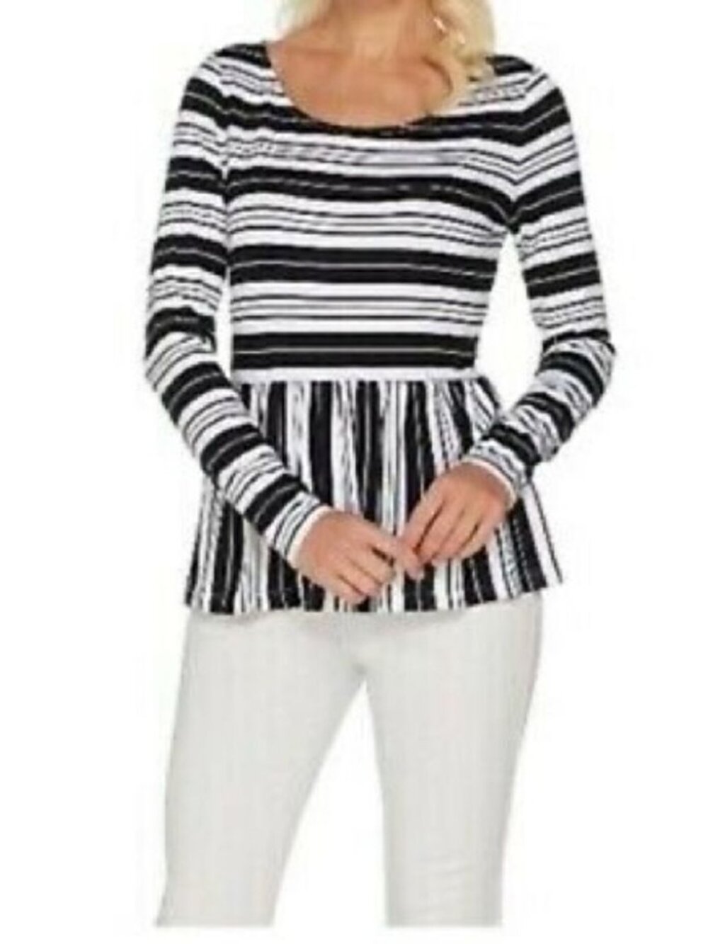 Du Jour Stripe Printed Long Slv Knit Peplum Top